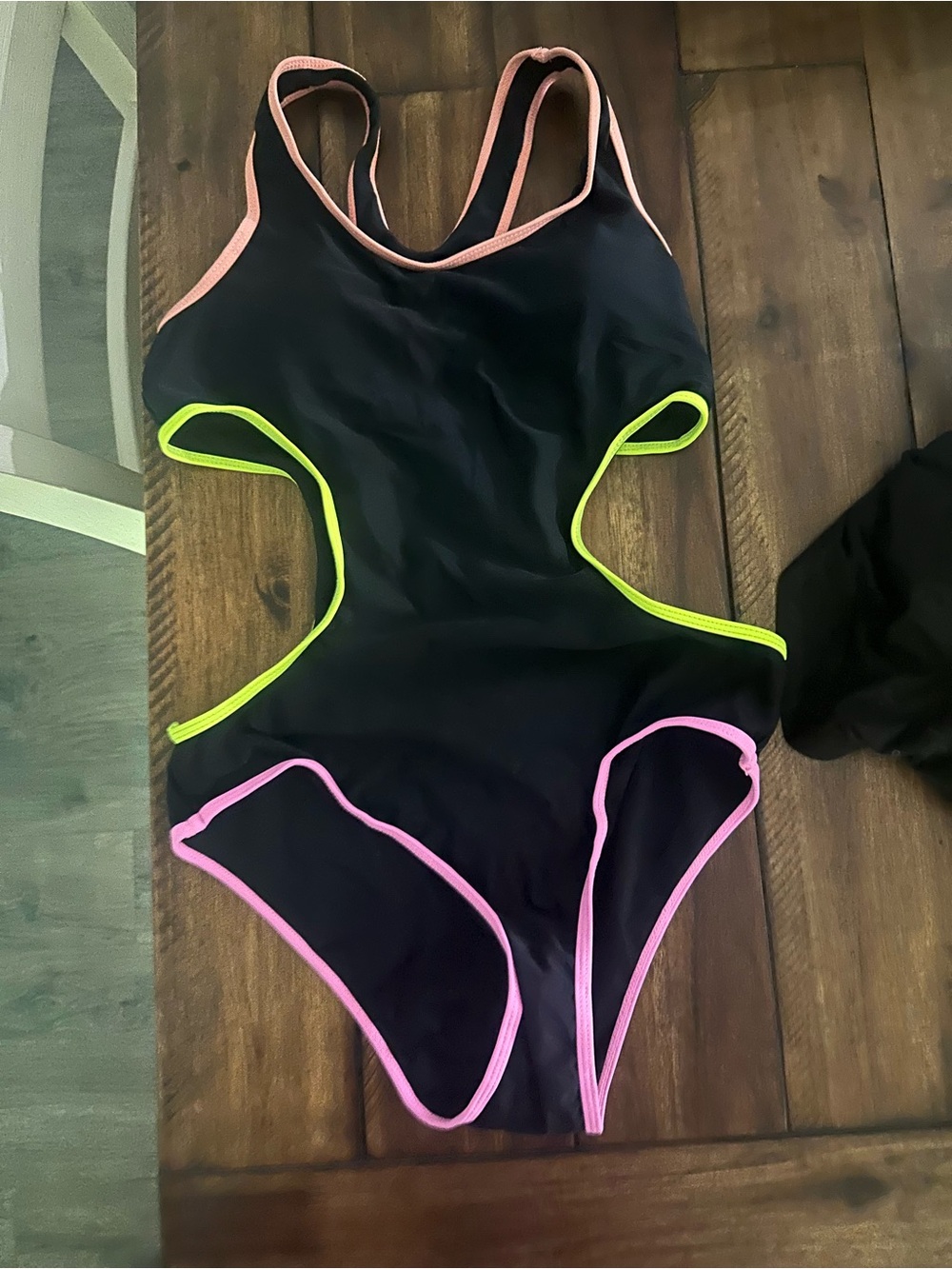 Black Cutout One-Piece Swimsuit with Pink & Neon Green Trim